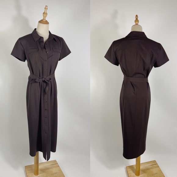 TALBOTS Vintage Brown Stretch Button Down Midi Shirt Dress with Belt Womens 4 - Picture 1 of 9